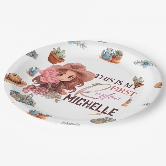 Roze Mijn eerste Rodeo Verjaardagsfeestje Papier B Papieren Bordje (Gekanteld)