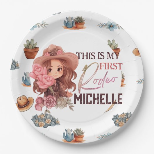 Roze Mijn eerste Rodeo Verjaardagsfeestje Papier B Papieren Bordje (Voorkant)