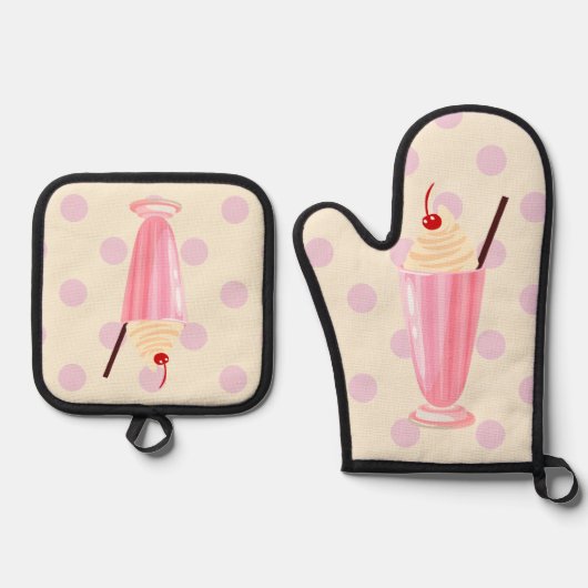 Roze Milkshake en Polka Dots Ovenwant & Pannenlap Set (Voorkant)