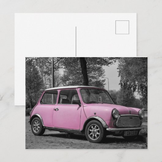 Roze mini Cooper Briefkaart (Voorkant / Achterkant)