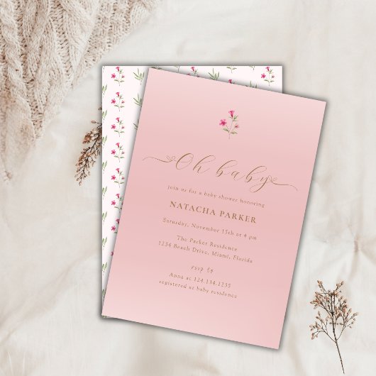 Roze Minimal Wildflower Baby shower Invitation Kaart
