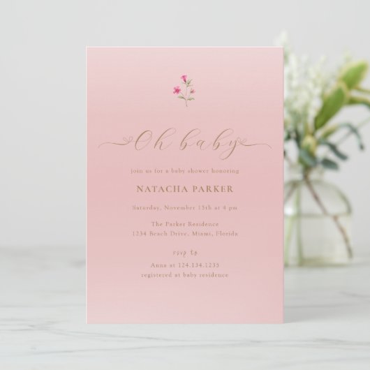 Roze Minimal Wildflower Baby shower Invitation Kaart (Staand voorkant)