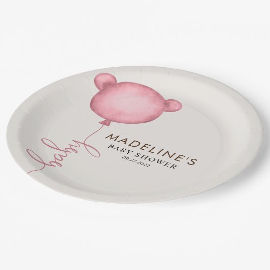 Roze Minimalistisch Beren ballon Baby shower Papieren Bordje (Gekanteld)