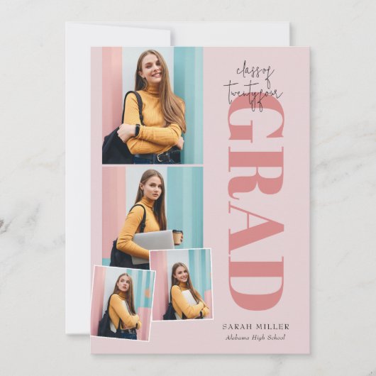 Roze Minimalistisch Modern Vertical 5 foto Afstude Kaart (Voorkant)