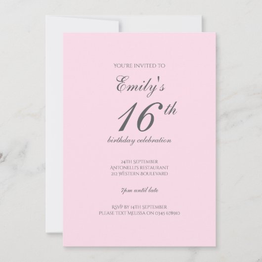 Roze minimalistische 16e verjaardagsfeestje uitnod kaart (Voorkant)