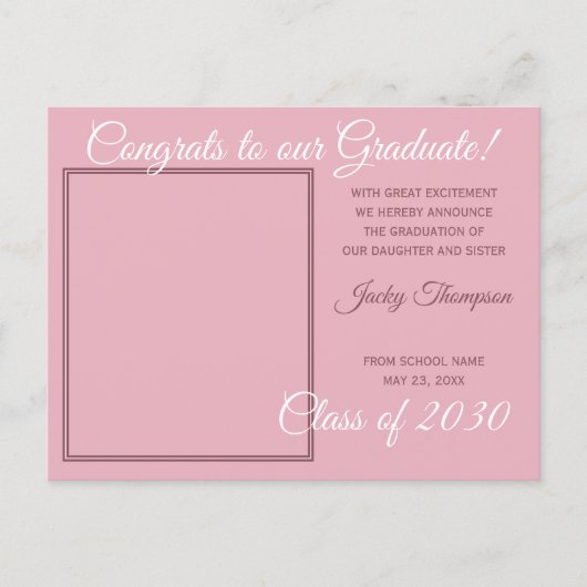 Roze Minimalistische Afstudeeraankondiging Briefkaart (Voorkant)