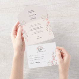 Roze Minimalistische Bloemen Bruiloft  All In One Uitnodiging