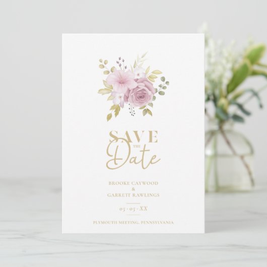 Roze minimalistische botanische bloemen Bouquet We Save The Date (Staand voorkant)