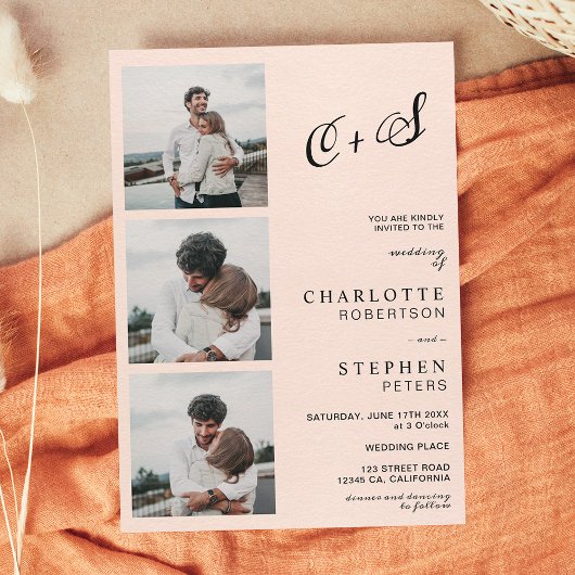 Roze minimalistische casual initialen fotobruiloft kaart