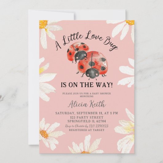 Roze minimalistische Daisy Lovebug Baby shower Kaart (Voorkant)