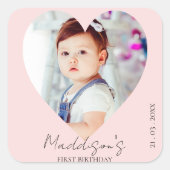 Roze Minimalistische Foto Eerste Verjaardagsfeestj Vierkante Sticker (Voorkant)