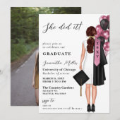 Roze minimalistische foto Ze deed het Afstuderen Kaart (Voorkant / Achterkant)