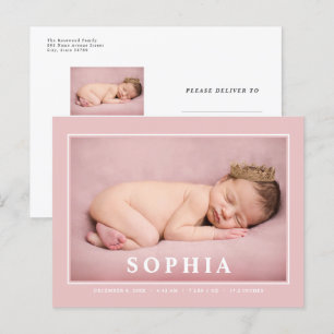 Roze Minimalistische Geboorteaankondiging voor Bab Briefkaart
