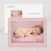 Roze minimalistische geboorteaankondiging voor bab briefkaart (Voorkant / Achterkant)