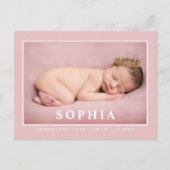 Roze minimalistische geboortekaart voor babymeisje briefkaart (Voorkant)