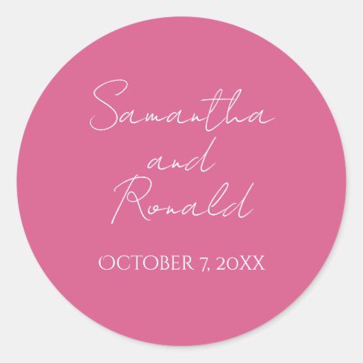 Roze minimalistische kalligrafie bruiloft ronde sticker (Voorkant)