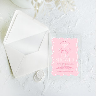 Roze Minimalistische Moderne Strik Baby Meisje Sho Acryl Uitnodigingen