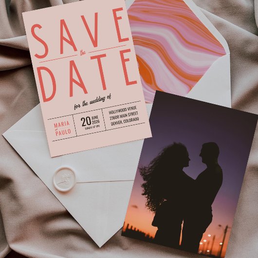 Roze Minimalistische Retro Thema Bruiloft Save The Date
