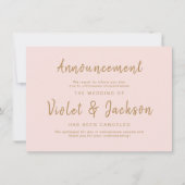Roze minimalistische script bruiloft annuleringska kaart (Voorkant)