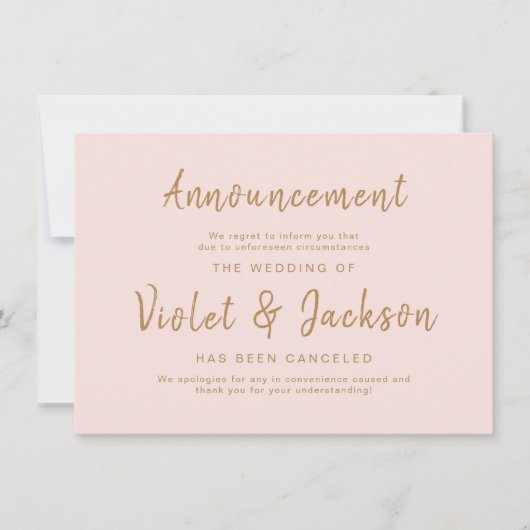 Roze minimalistische script bruiloft annuleringska kaart (Voorkant)