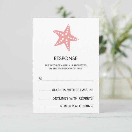 Roze Minimalistische Zeester Huwelijksreactiekaart RSVP Kaartje (Staand voorkant)