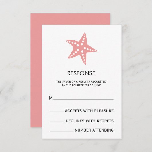 Roze Minimalistische Zeester Huwelijksreactiekaart RSVP Kaartje (Voorkant / Achterkant)