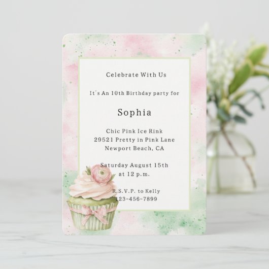 Roze Mint Abstracte Bloem Cupcake Verjaardag Kaart (Staand voorkant)