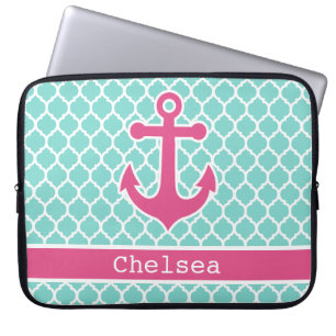 Roze Mint Anchor Moroccan Lattice Pattern Laptop Sleeve