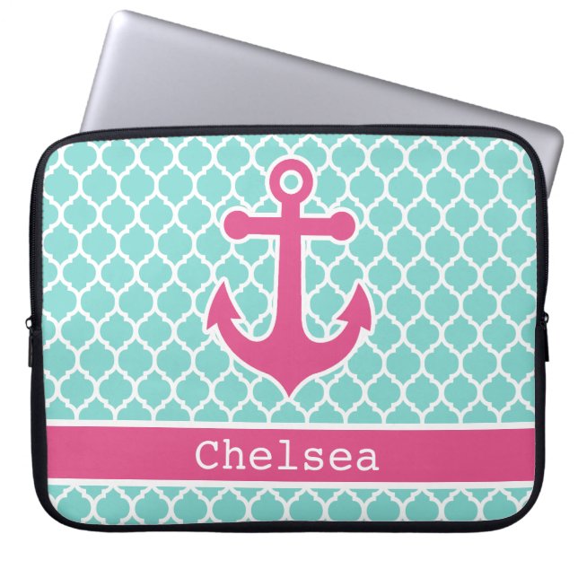 Roze Mint Anchor Moroccan Lattice Pattern Laptop Sleeve (Voorkant)