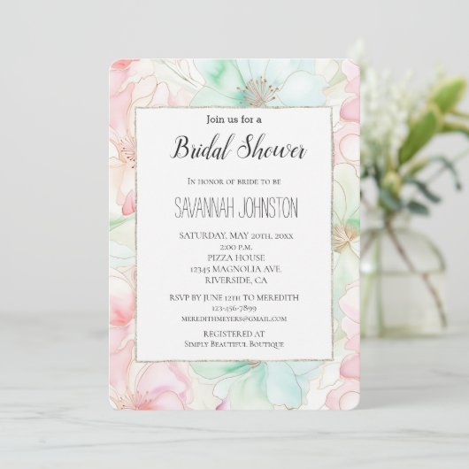 Roze Mint Bloemen Bruiloft Feest Kaart (Staand voorkant)