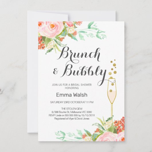 Roze Mint Bloemen Brunch Bruids Douche Uitnodiging (Voorkant)