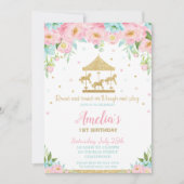 Roze Mint Bloemen Carrousel 1e Verjaardag Meisje Kaart (Voorkant)