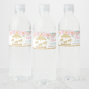 Roze Mint Bloemen Carrousel Carnaval 1e verjaardag Waterfles Etiket