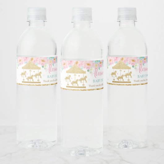 Roze Mint Bloemen Carrousel Carnaval Baby shower Waterfles Etiket (Flessen)