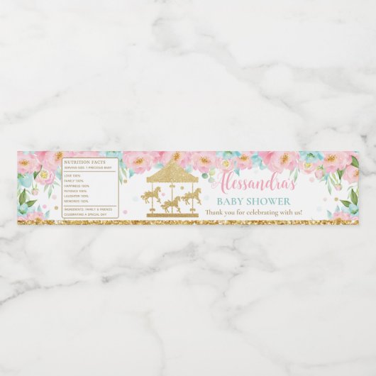 Roze Mint Bloemen Carrousel Carnaval Baby shower Waterfles Etiket (Enkel label)