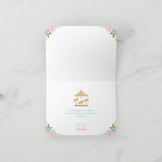 Roze Mint Bloemen Carrousel Verjaardagsfeestje Dan Kaart (Binnen)