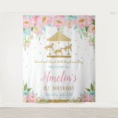 Roze Mint Bloemen Draaimolen 1e Verjaardag Welkom Wandkleed (Voorkant)