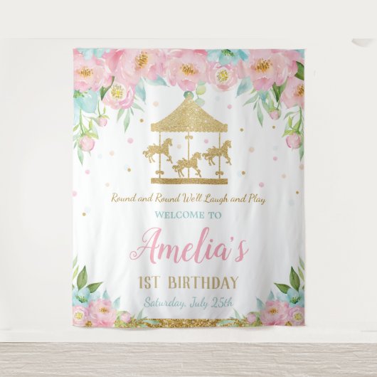 Roze Mint Bloemen Draaimolen 1e Verjaardag Welkom Wandkleed (Voorkant)