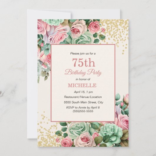Roze Mint  Bloemen Goud Glitter 75 Verjaardag Kaart (Voorkant)