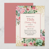 Roze Mint  Bloemen Goud Glitter 75 Verjaardag Kaart (Voorkant / Achterkant)