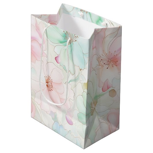 Roze Mint Bloemen Verjaardag Medium Cadeauzakje (Voorkant Gekanteld)