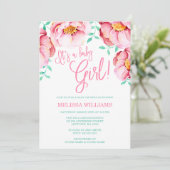 Roze Mint Bloemen Waterverf Baby shower Uitnodigin Kaart (Staand voorkant)