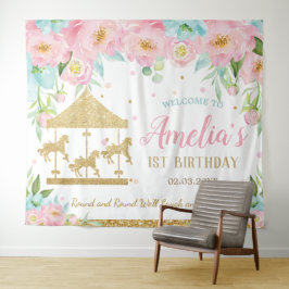Roze Mint Bloemencarrousel 1e Verjaardag Welkom Wandkleed