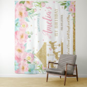 Roze Mint Bloemencarrousel 1e Verjaardag Welkom Wandkleed (In situ)