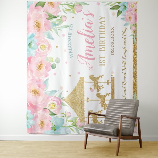 Roze Mint Bloemencarrousel 1e Verjaardag Welkom Wandkleed (In situ)