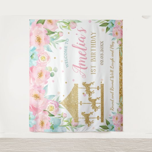 Roze Mint Bloemencarrousel 1e Verjaardag Welkom Wandkleed (Voorkant)