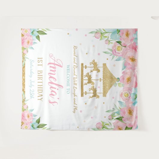 Roze Mint Bloemendans 1e Verjaardag Welkom Wandkleed (Voorkant (horizontaal))