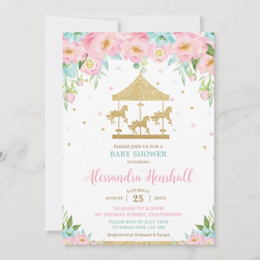 Roze Mint Bloemendans Meisje Baby Shower Kaart (Voorkant)