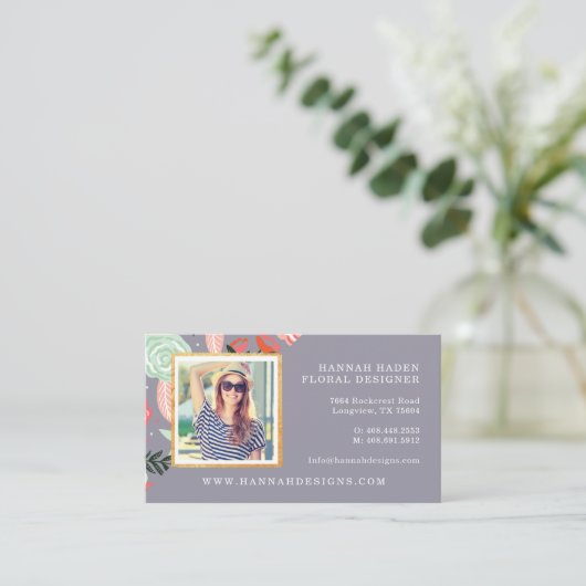 Roze & Mint Bloementuin & Goud Foto Lijst Visitekaartje (Staand voorkant)