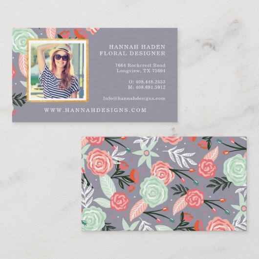 Roze & Mint Bloementuin & Goud Foto Lijst Visitekaartje (Voorkant / Achterkant)